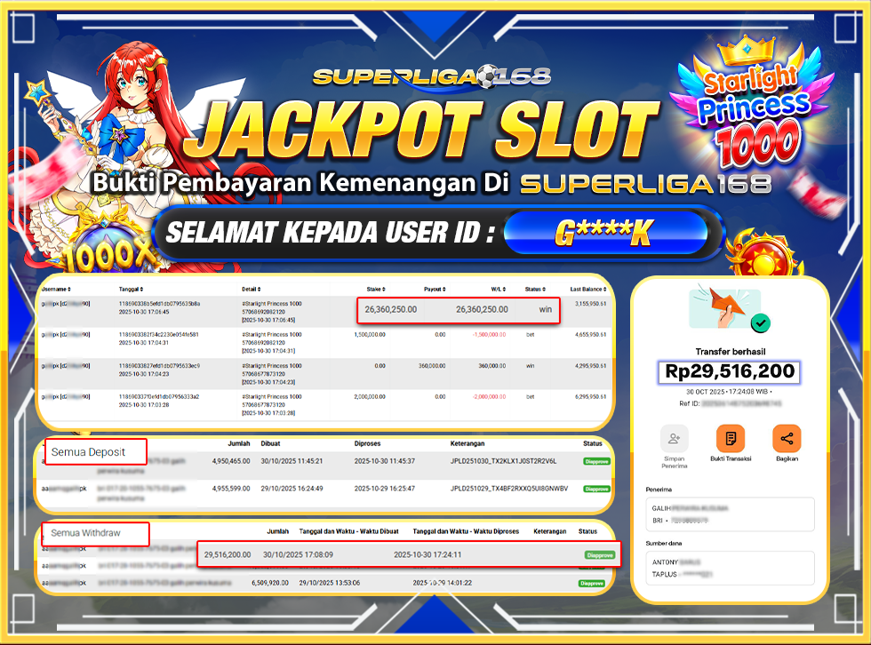 SUPERLIGA168 JACKPOT STARLIGHT PRINCESS 1000 Rp.29,516,200-LUNASS